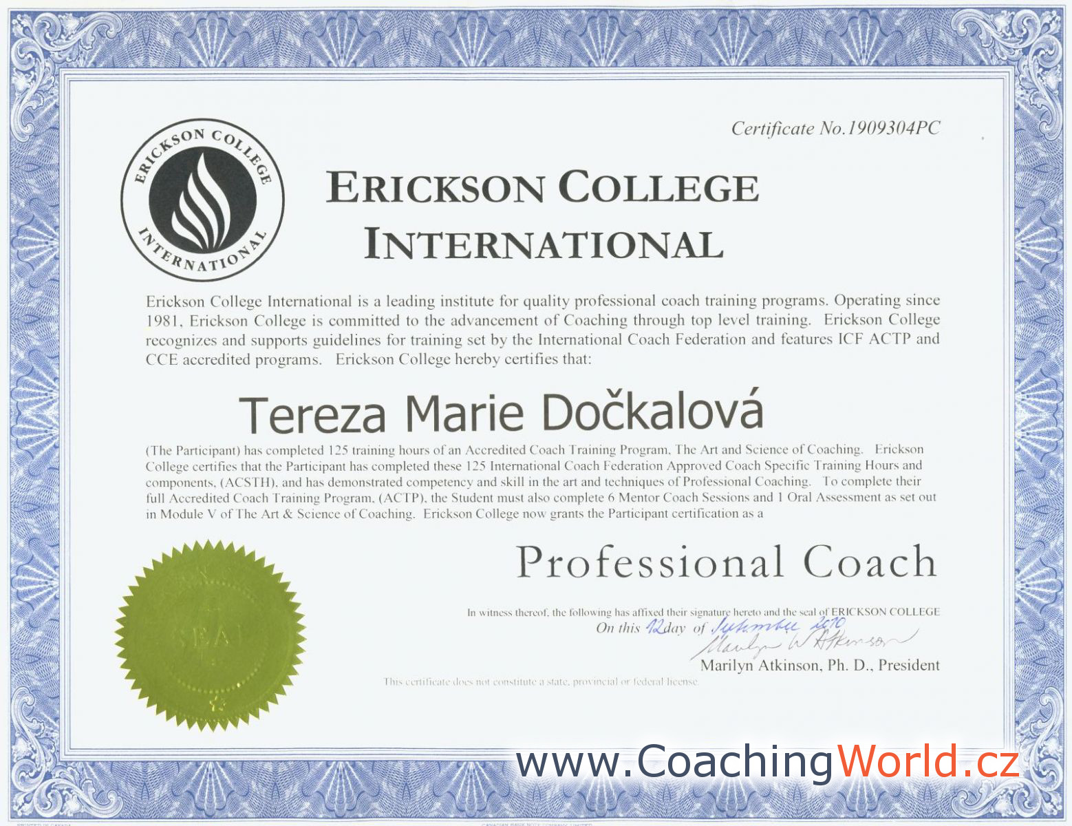 Certifikát, Tereza Dewalt